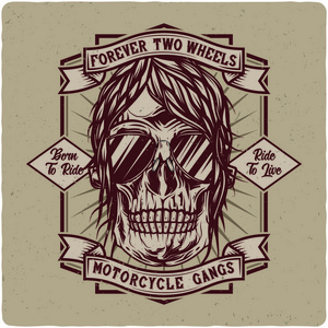 t恤或海报设计与摩托车车手的头骨插图。使用文本组合设计