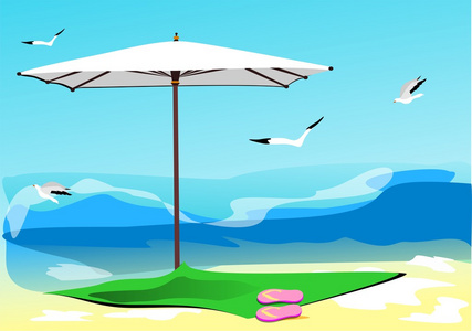 海滩，夏天，海 伞 树荫下 贵妃椅 太阳运动鞋