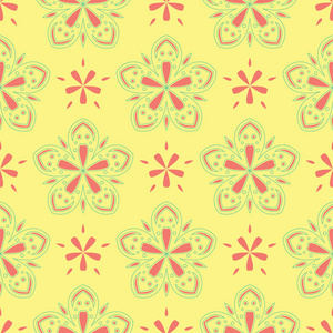 黄色花卉无缝图案。彩色背景与粉红色和绿色花卉壁纸, 纺织品和织物设计
