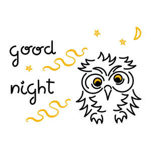 文本 晚安。可爱的猫头鹰。月亮和星星。手绘。白色背景上的矢量插图