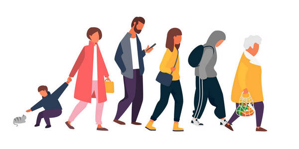 人群中走着秋天的衣服.矢量插图照片