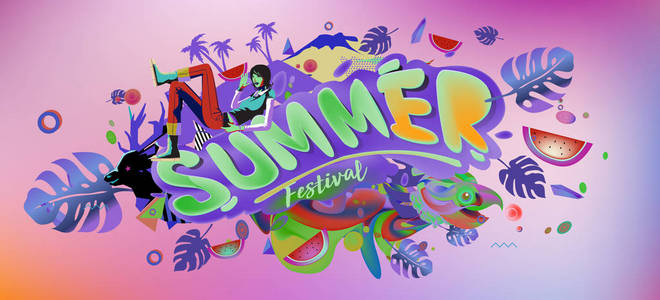 夏季横幅与五颜六色的涂鸦背景。活动和促销海报的设计模板