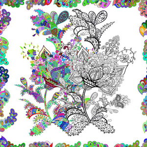 印度装饰品。矢量插图。白色, 绿色和黑色的颜色。无缝模式。花卉壁纸。七彩装饰边框