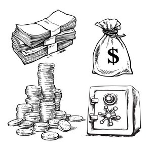 金融, 货币向量集豪华套婚纱卡片, 带百合素描花, 叶子.