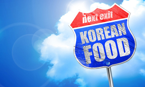 韩国食品，3d 渲染，街头的蓝色标志