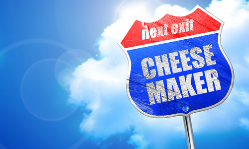 奶酪制造商，3d 渲染，街头的蓝色标志