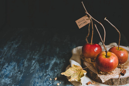 具有复制空间的秋季背景。传统的焦糖苹果和早午餐棒。你好秋天