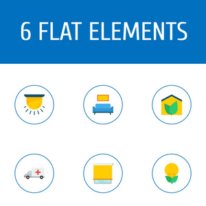 一套城市图标平面风格符号与生态能源, 室内, 救护车和其他图标为您的 web 移动应用程序徽标设计