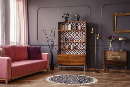 古色古香的木书柜与装饰在一个优雅的灰色客厅内部与一个舒适的粉粉红色的沙发