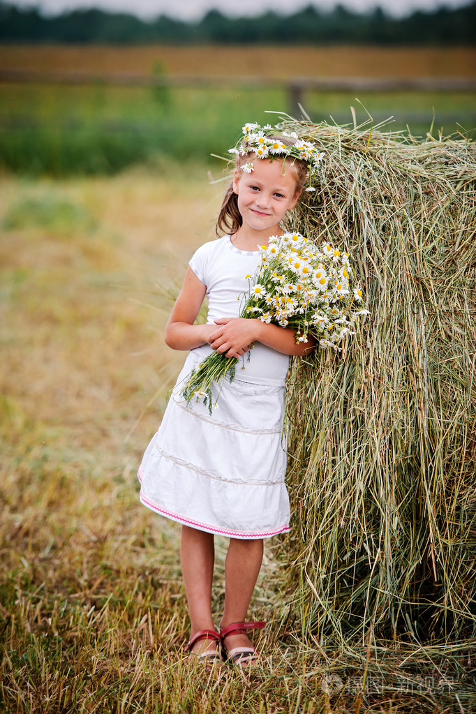 在字段中摘野雏菊花的女孩