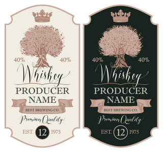 一套两个矢量标签的威士忌溢价质量在框架与橡树, 皇冠, 丝带和手写铭文复古风格