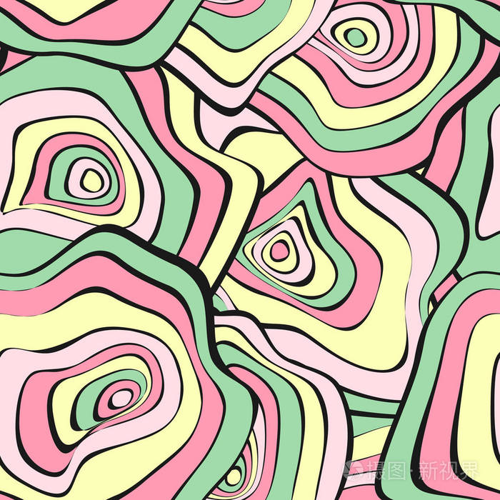 波形扭曲的圆无缝模式与变形的圈子抽象背景的粉彩色彩设计带有彩色