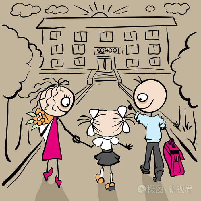 妈妈和爸爸是我的女儿上学插画-正版商用图片0sdibw-摄图新视界