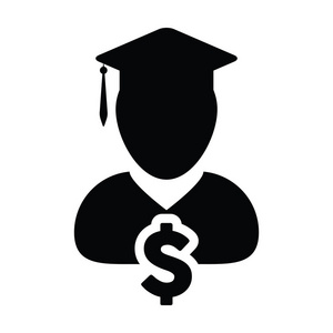 教育贷款图标矢量男性人物头像与美元符号在平面颜色标志符号象形文字插图