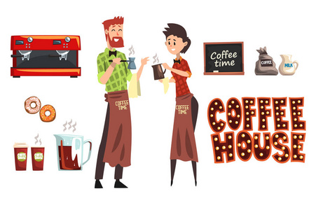 微笑的大胡子男子与 cezve 和女咖啡师与杯。咖啡店的工人穿着格子衬衫和围裙。咖啡壶, 牛奶, 甜甜圈, 咖啡厅招牌。平面向量