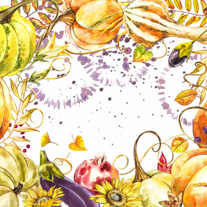 秋天叶子和南瓜边界框架以空白文本在白色背景。时令花枫栎树橙叶配葫芦为感恩节假期, 收获装饰水彩设计