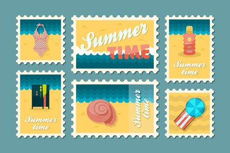 海滩邮票集。夏天。度假