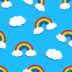 在蓝色背景上有彩虹和云彩的无缝图案。矢量插图