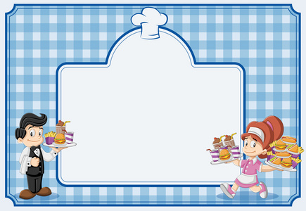 蓝色的餐厅,菜单与女服务员和服务员照片