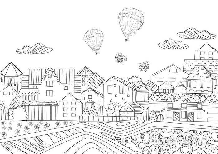 美丽的城市景观插图与建筑和空气气球插画-正版商用图片0sduhc-摄图新