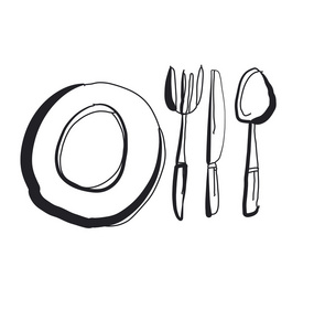 厨房餐具手绘制的图像。叉 刀 盘子和勺子