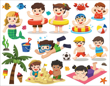 为夏季设置矢量设计元素。快乐的孩子们在沙滩上玩耍和。让我们享受夏日