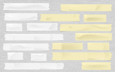 黄色和白色粘合剂, 粘性, 掩蔽, 管道胶带带的文本上斑点灰色背景。矢量插图
