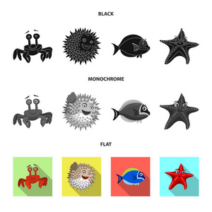 海洋和动物符号的孤立对象。集海洋和海洋矢量图标为股票