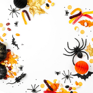 万圣节假期背景糖果, 蝙蝠, 蜘蛛, 南瓜和装饰品
