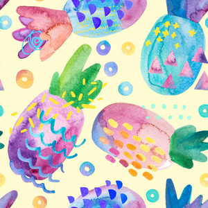 五颜六色的装饰菠萝与水彩纹理和图画的几何元素, 涂鸦。凉爽的夏季无缝模式。手绘插图。幼稚卡通风格的艺术背景