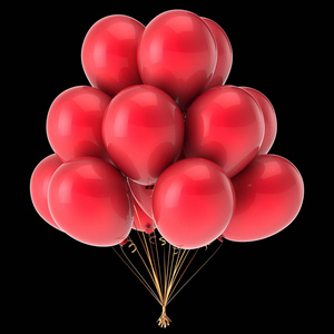 红气球束生日派对装饰现代庆典符号。3d 图, 在黑色上隔离