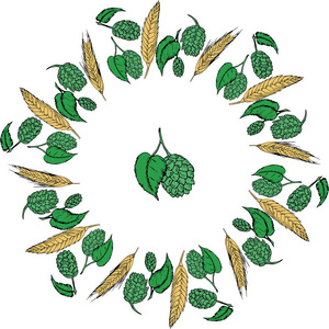 啤酒花和麦芽圆框架。适合季节性, 秋季, octoberfest 设计