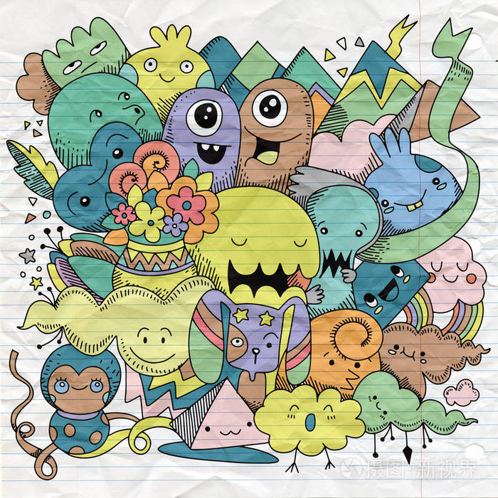 矢量插图的涂鸦可爱的怪物背景, 手绘涂鸦插画-正版商用图片0se46l-摄