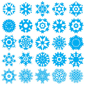 在白色背景上隔离的雪花蓝色图标集。圣诞雪片元素收集为冬季圣诞节或新年设计和装饰。冰箱和冷媒符号或标志