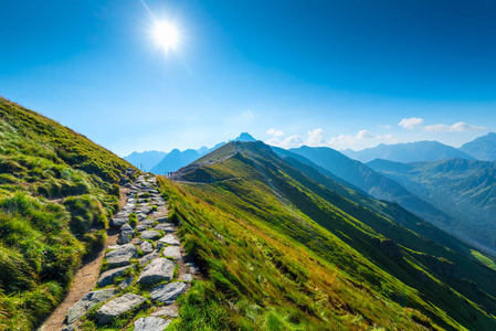 阳光明媚的早晨和特写的小径上的山峰照片