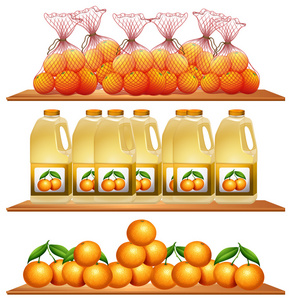 新鲜的橘子和果汁在书架上
