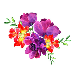 水彩花。花卉插图。在白色背景上分离的花朵分支。可爱的婚礼或贺卡组合