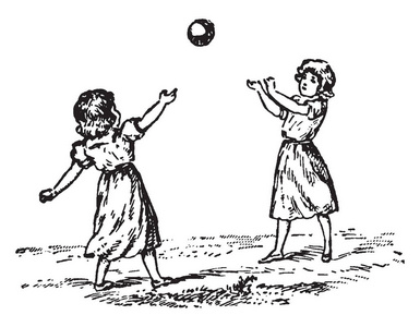 两个小女孩正在玩一个球, 老式的线条画或雕刻插图照片