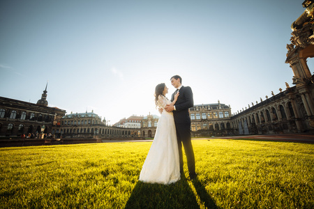 在老城建筑华丽新婚夫妇享有晴朗的一天