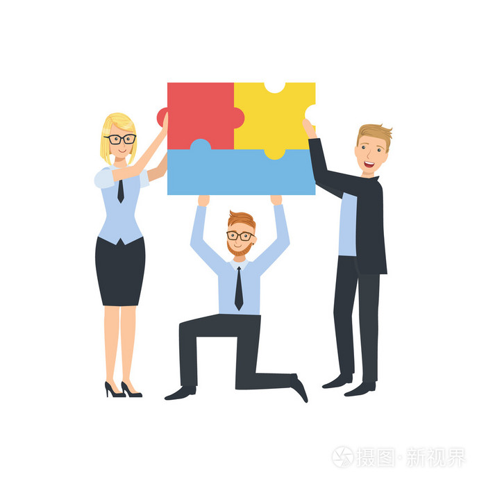 经理拿着连接的拼图,团队合作,插图
