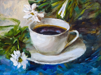 绘画的纹理油画静物，一杯咖啡饮料