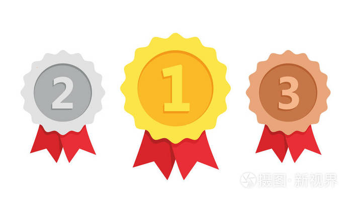 金, 银, 铜牌.第一, 第二和第三位.奖杯与红丝带.扁平型-股票矢量