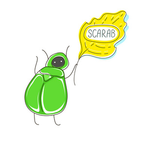 可爱的卡通概念与有趣的 bug: 圣甲虫, 叶和名称文本.