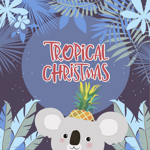 热带圣诞海报与有趣的考拉熊。圣诞祝福或邀请卡。可编辑矢量插图