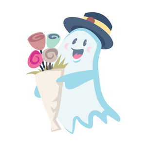 可爱的幽灵人物与花卉矢量插画, 万圣节假期概念