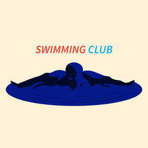 在白色背景的游泳运动员的标志。在游泳的俱乐部的矢量标志, 以蓝色色调绘制