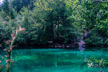 美丽的自然场面在 Crestasee 和 Caumasee 在瑞士山脉和阿尔卑斯