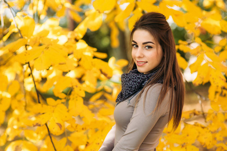 年轻女子在美丽的秋天 pakr。10月大气。年轻美丽的女士的生活方式照片