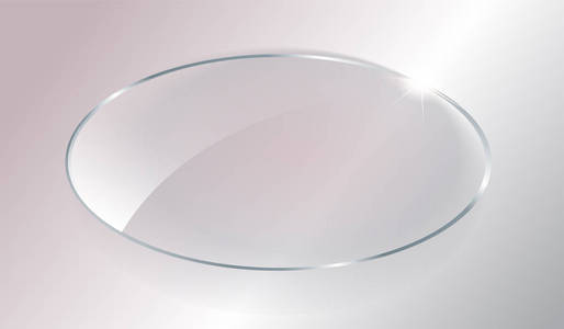 透明圆圆。在方格图案背景上查看元素。带有反射和阴影的塑料横幅。玻璃板材模拟