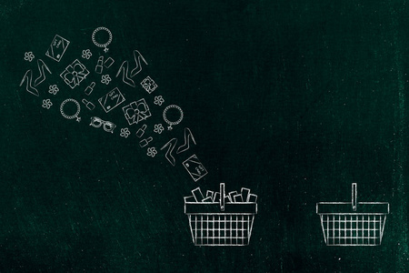 网上购物概念说明 购物篮与产品飞出他们和一个空一分开